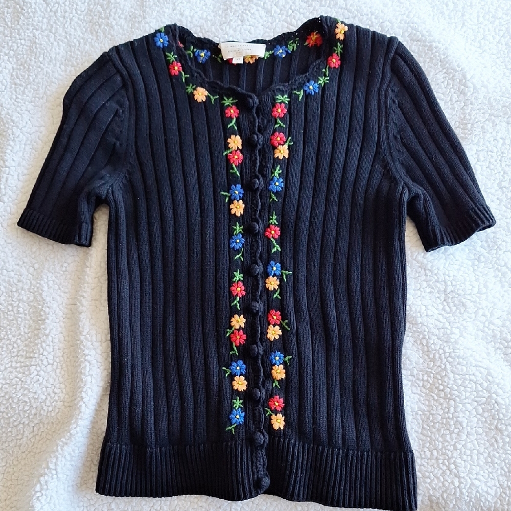 Sezane Ileana Black Cardigan/Sweater with Multicolor Floral Embroidery